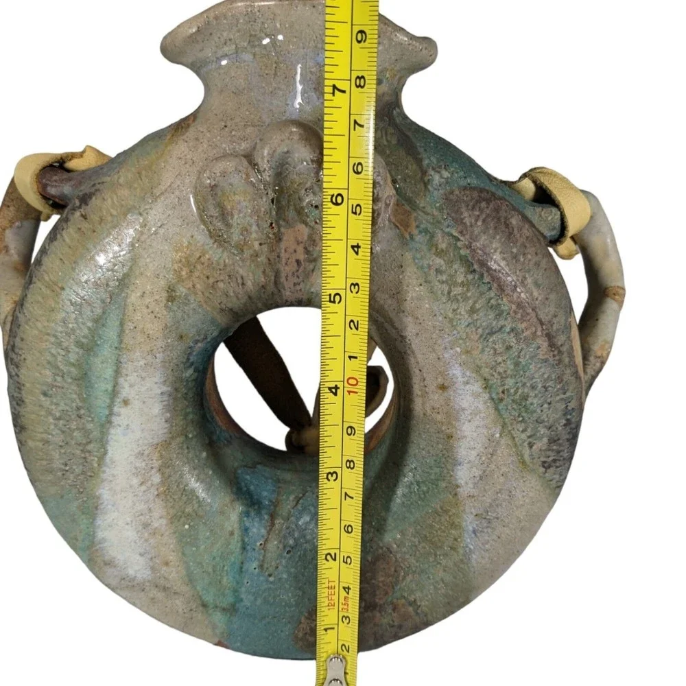 Vintage Drip Glaze Ceramic Hanging Water Jug Donut Jug Bottle Canteen - Picture 9 of 9